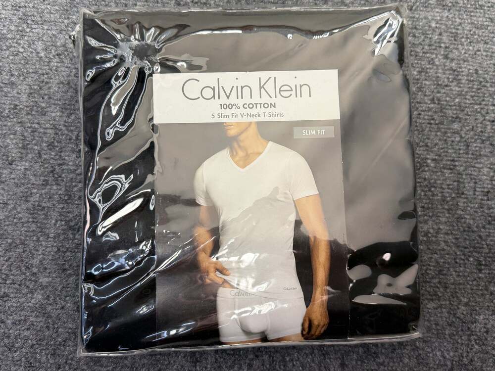 Calvin Klein Mens S Black V Neck T Shirts 5 Pack Cotton Slim Fit NWT